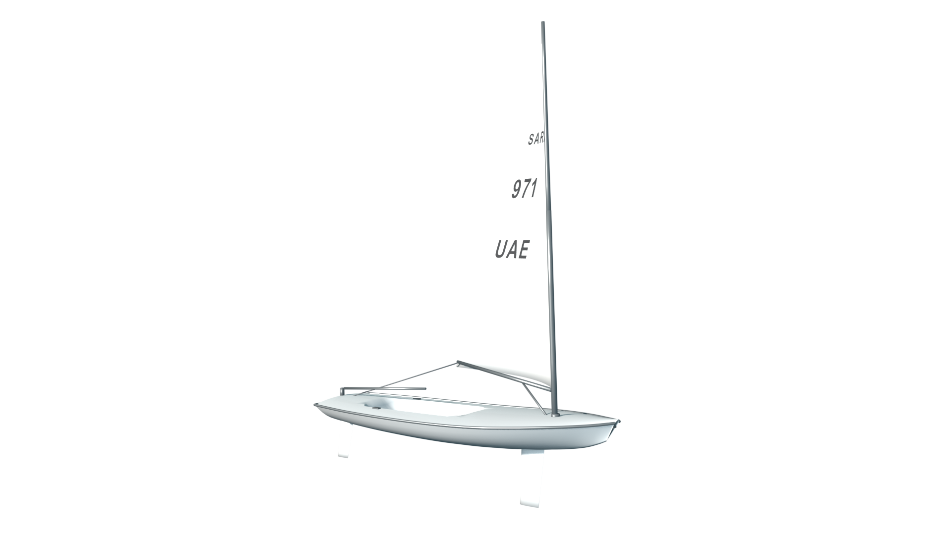 An ILCA 4 racing dinghy, the class sailed by the UAE national squad, with its hull, rig, foils and control lines labelled below.